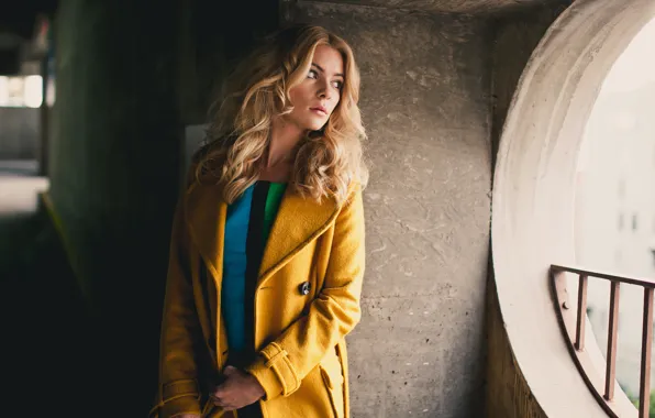 Girl, Beautiful, Wall, Yellow, Blonde, Sight