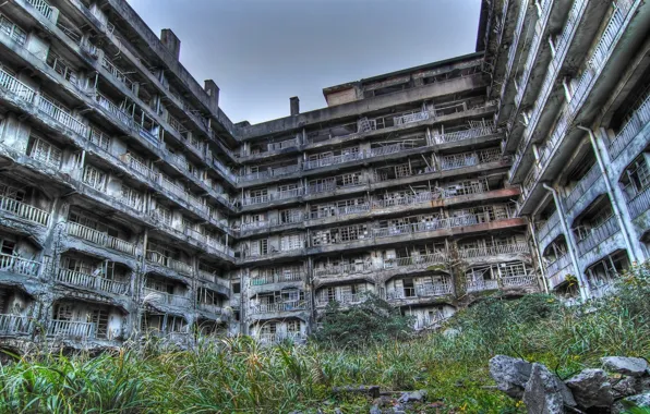 Picture building, abandoned, Hashima Island in Japan