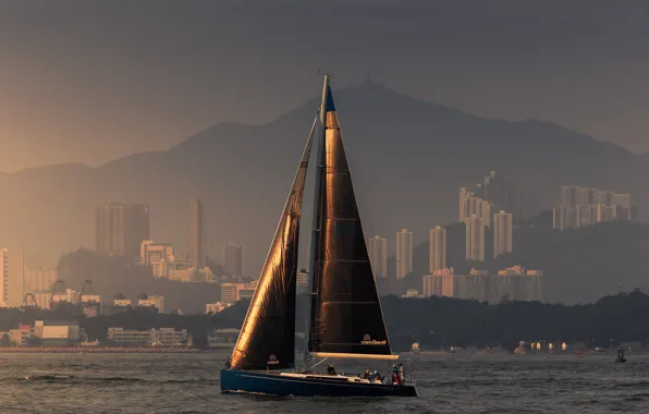 Building, mountain, home, Hong Kong, yacht, harbour, Hong Kong, The Victoria Harbour