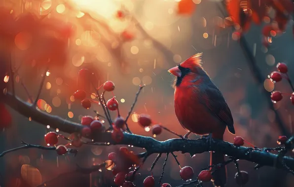Autumn, look, light, nature, berries, rain, tree, bird