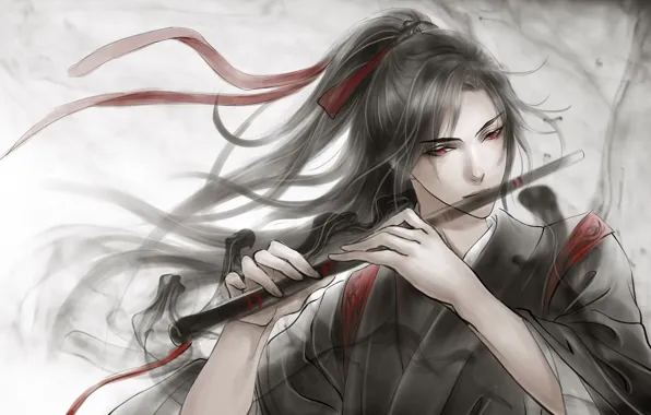 Wallpaper grey background, flute, red eyes, long hair, red ribbon, black  magic, Chinese clothing, Mo Dao Zu Shi for mobile and desktop, section  сёнэн, resolution 1920x1080 - download