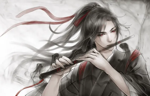 Grey background, flute, red eyes, long hair, red ribbon, black magic, Chinese clothing, Mo Dao …