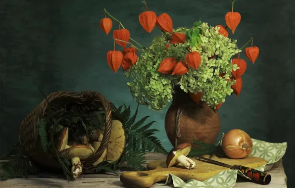 Flowers, table, mushrooms, bouquet, bow, knife, still life, basket