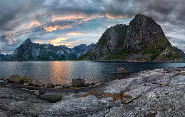 Picture clouds, mountains, lake, stones, rocks, shore, the evening, Norway