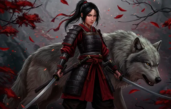 Girl, Wallpaper, figure, wolf, warrior, art, wallpaper, girl