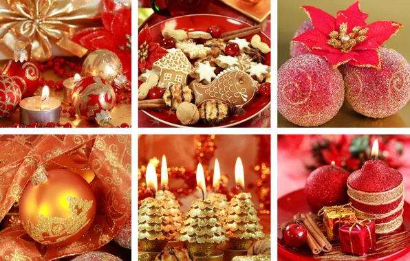 Balls, decoration, red, holiday, collage, texture, candles, cookies
