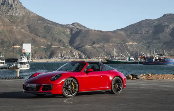 Mountains, shadow, ships, 911, Porsche, pier, red, convertible