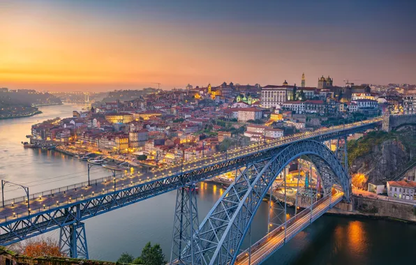 Bridge, river, dawn, panorama, Portugal, Portugal, Vila Nova de Gaia, Porto