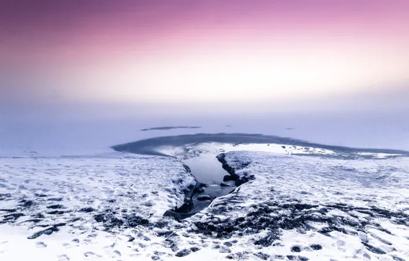 Red, ice, misty, water, winter, snow, sun, fog