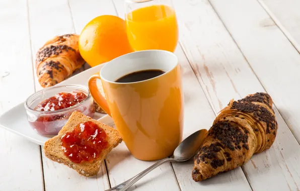 Coffee, juice, wood, jam, toast, Croissant