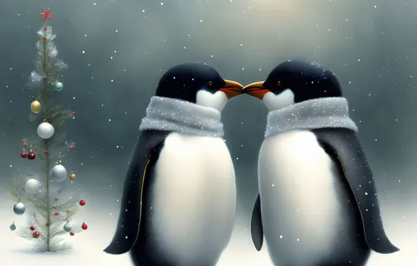 Winter, balls, snow, birds, penguins, herringbone, a couple, snowfall