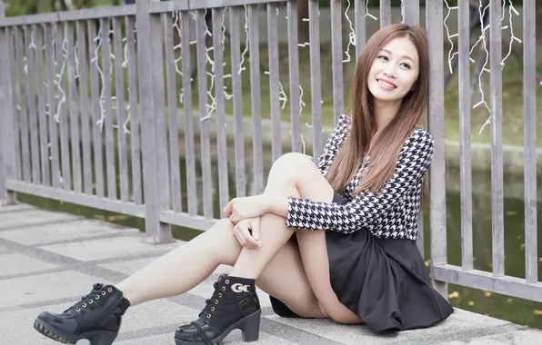 Smile, positive, shoes, legs, Asian, cutie, black skirt, asian