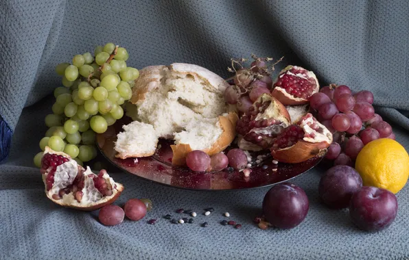 Lemon, bread, grapes, still life, plum, garnet