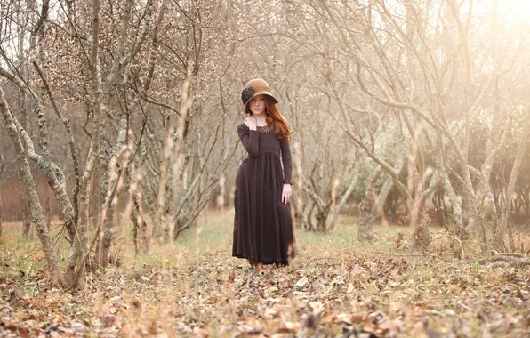 Picture autumn, leaves, girl, trees, mood, hat, dress, old