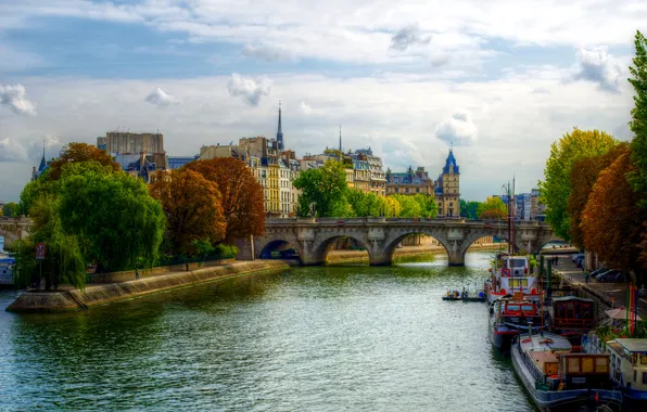 Trees, bridge, river, France, Paris, home, boats, promenade