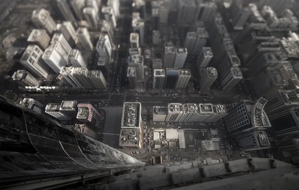 Flight, the city, height, home, skyscrapers, street, tilt shift, district