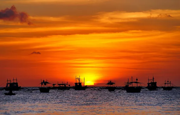 Picture sea, landscape, sunset, boats