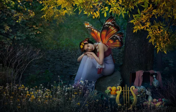 Forest, girl, nature, butterfly, elf, wings, fantasy, harp