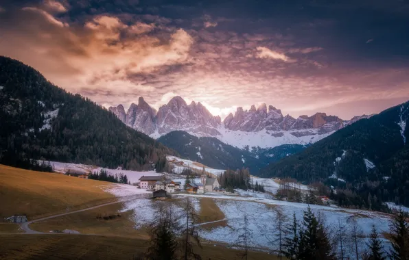 Picture winter, forest, the sky, mountains, meadow, Italy, Church, Italy