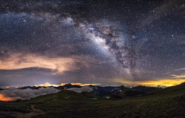Clouds, mountains, lights, lights, The Milky Way, mountains, clouds, Milky Way