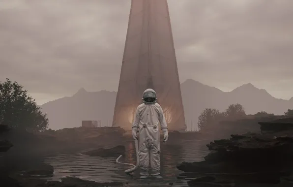 Mountains, fog, construction, astronaut, Northern Wisps