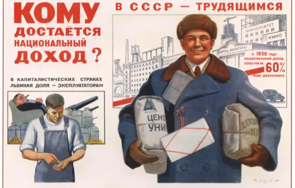 Picture Soviet poster, national income, farm markets, economic development, the attitude of the workers