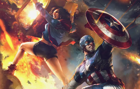 Fire, flame, art, sparks, costume, shield, Marvel, comic