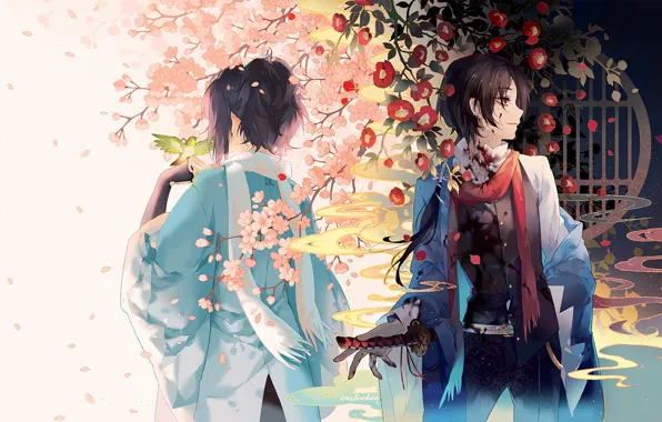 Flowers, anime, garden, art, guys, Touken Ranbu, Dance of swords