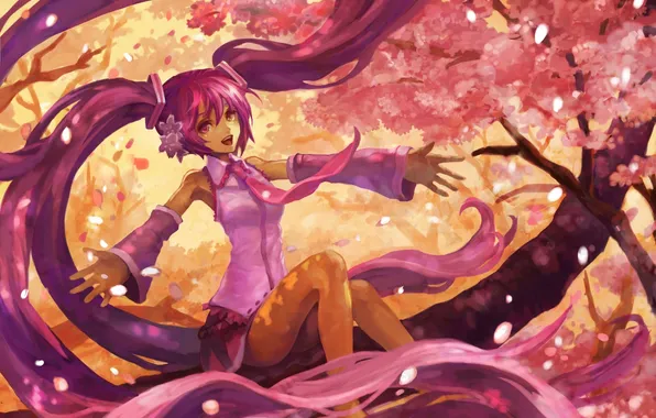 Picture girl, trees, flowers, anime, petals, Sakura, art, vocaloid