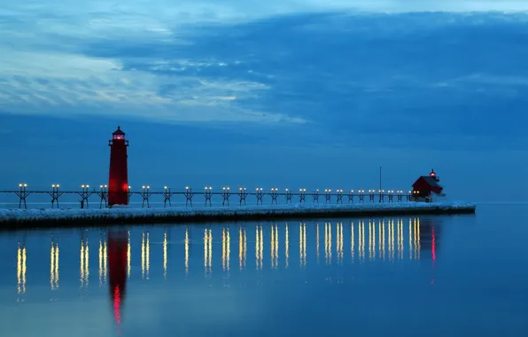 Night, lighthouse, Lake Michigan