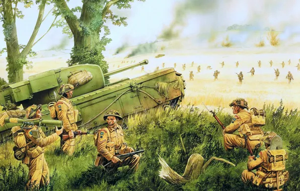 Picture art, artist, soldiers, tank, WW2, Churchill, Infantry, infantry tank