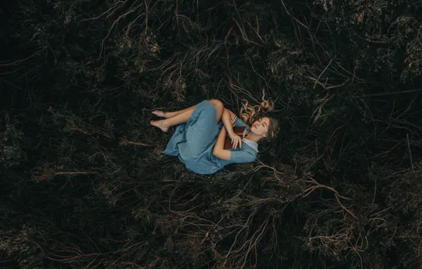 Picture girl, nature, pose, the dark background, vegetation, sleep, sleeping, lies
