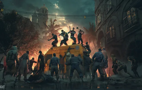 Machine, the city, palm trees, people, Dying Light