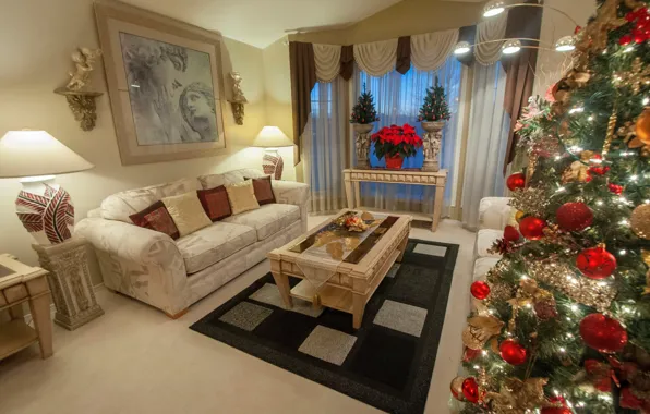 Table, sofa, lamp, tree, new year, picture, Christmas, living room
