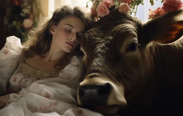 Face, girl, flowers, roses, cow, blanket, sitting, friends