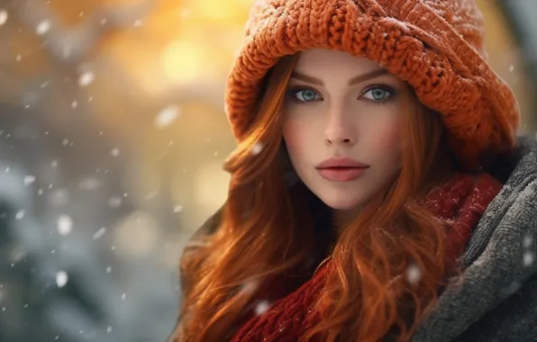 Winter, look, girl, snow, face, pose, hat, portrait