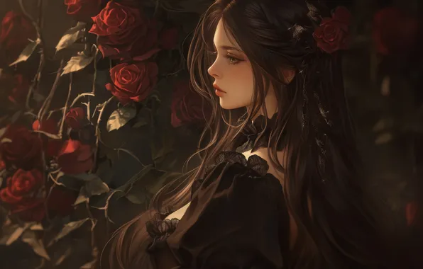 Look, girl, the dark background, roses, brunette, in black, hotesse, AI art