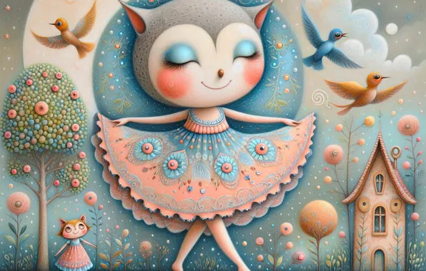 Cat, birds, smile, styling, dress, pussy, house, AI art