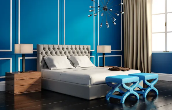 Bed, interior, bedroom, blue, bedroom