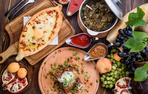 Egg, grapes, meat, fruit, peach, sauce, garnet, khachapuri