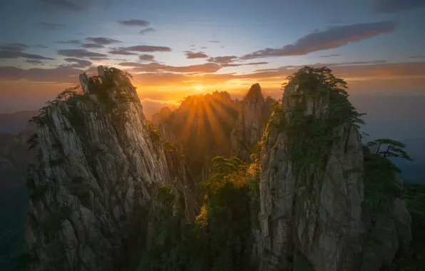 The sky, clouds, rays, mountains, China, The sun, China, sky