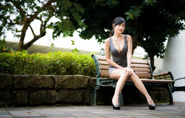 Sexy, Park, neckline, legs, Asian, bench, bokeh