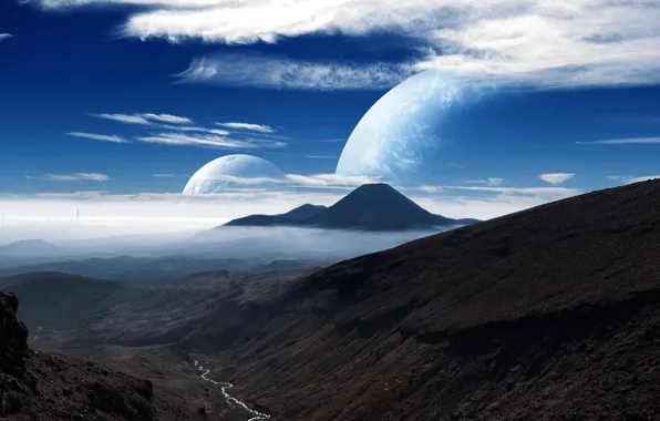 Picture the sky, clouds, mountains, the moon, Planet