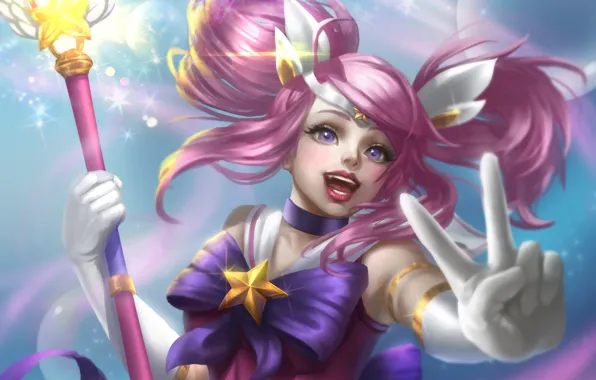 Picture girl, hand, rod, gesture, League of Legends, pink hair, Star Guardian Lux