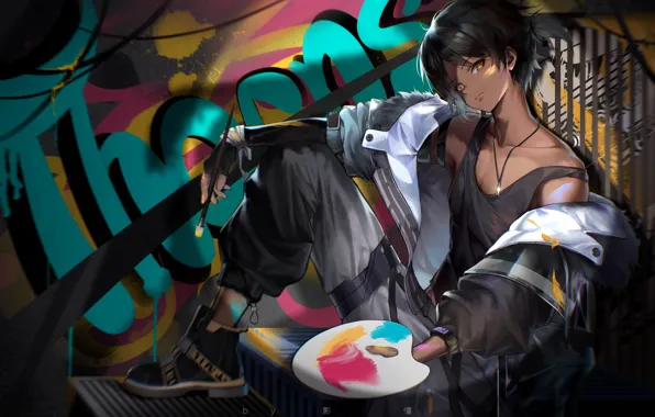 Girl, graffiti, steps, palette, brush, Thorns, Arknights