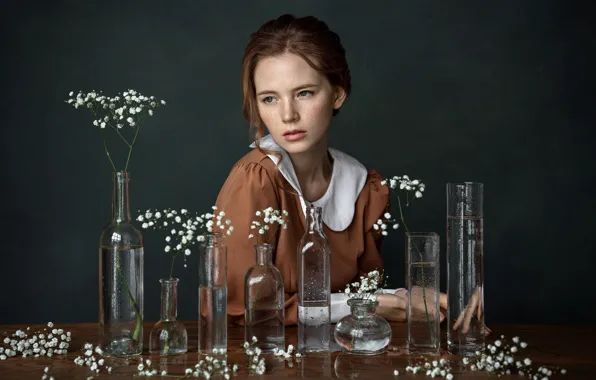 Glass, water, girl, drops, flowers, pose, table, hands