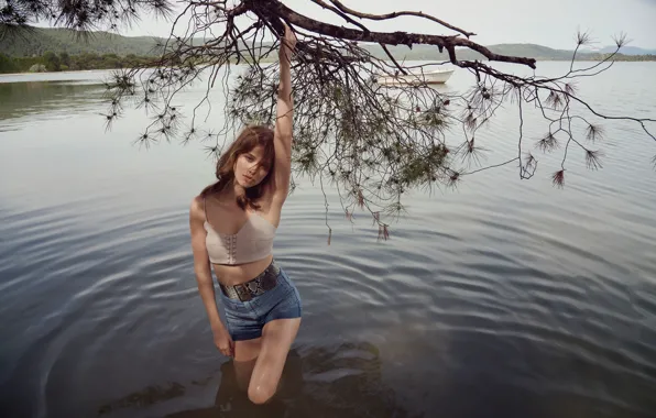 Landscape, branches, pose, river, tree, model, boat, shorts