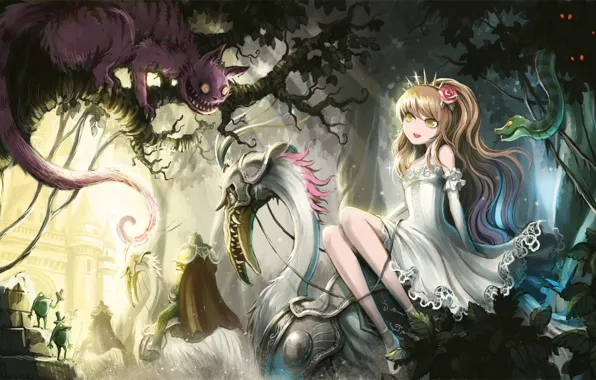 Picture cat, girl, trees, butterfly, snake, anime, art, frogs