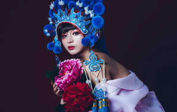 Picture look, flowers, style, model, makeup, Asian, the dark background, headdress