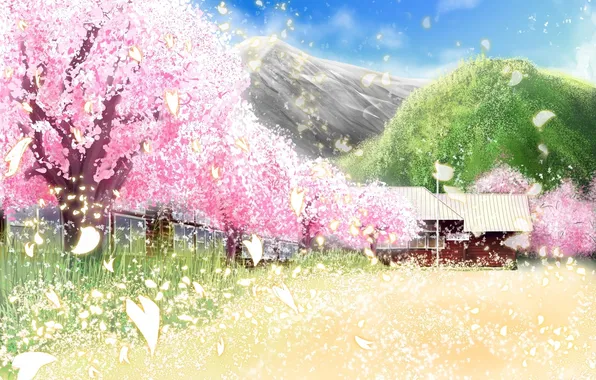 Picture the sky, clouds, trees, landscape, mountains, house, anime, petals